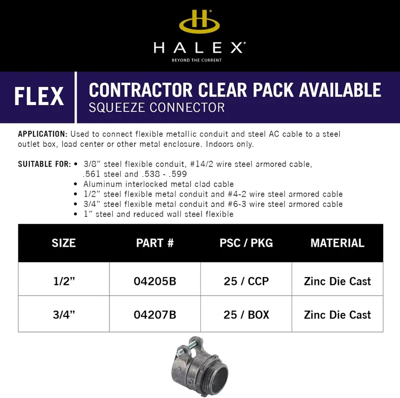 HALEX 04205B Flexible Metal Conduit (FMC) Squeeze Connector 25 Per Pack