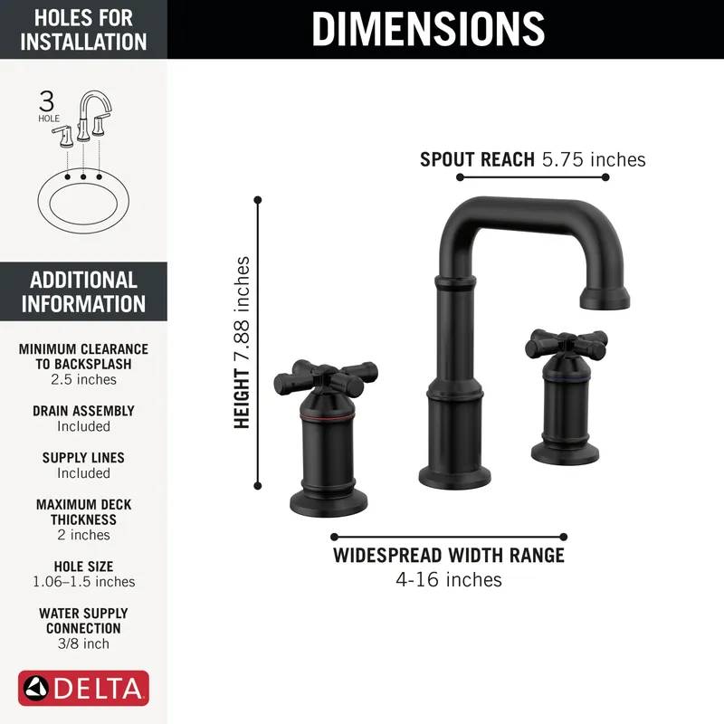 Delta 3587-BL-DST Broderick Two Handle Widespread Bathroom Faucet 1.2 gpm