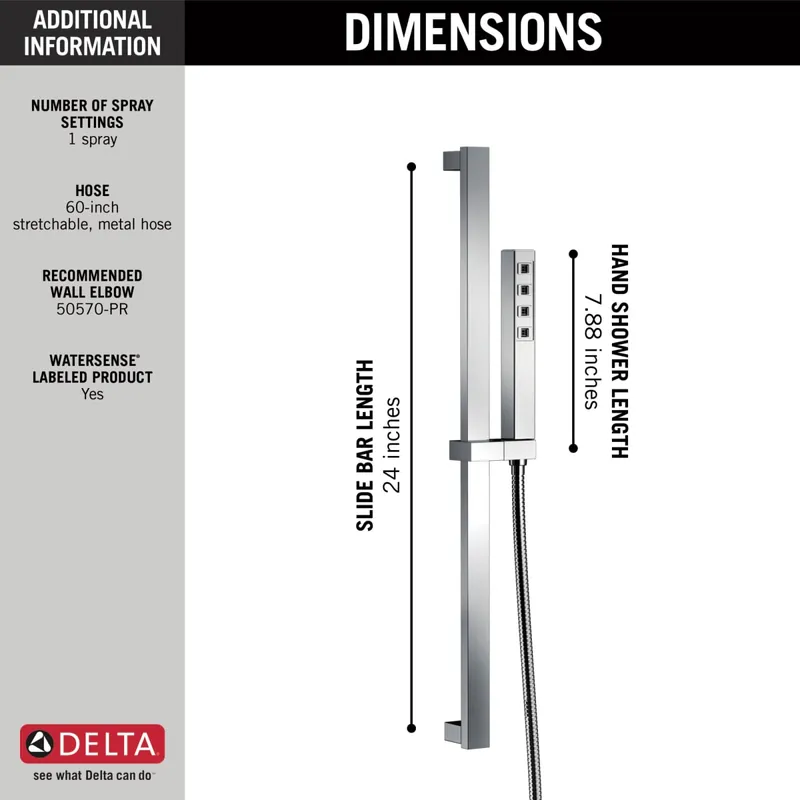Delta 51567-PR Universal Showering Components H2Okinetic Single-Setting Slide Bar Hand Shower