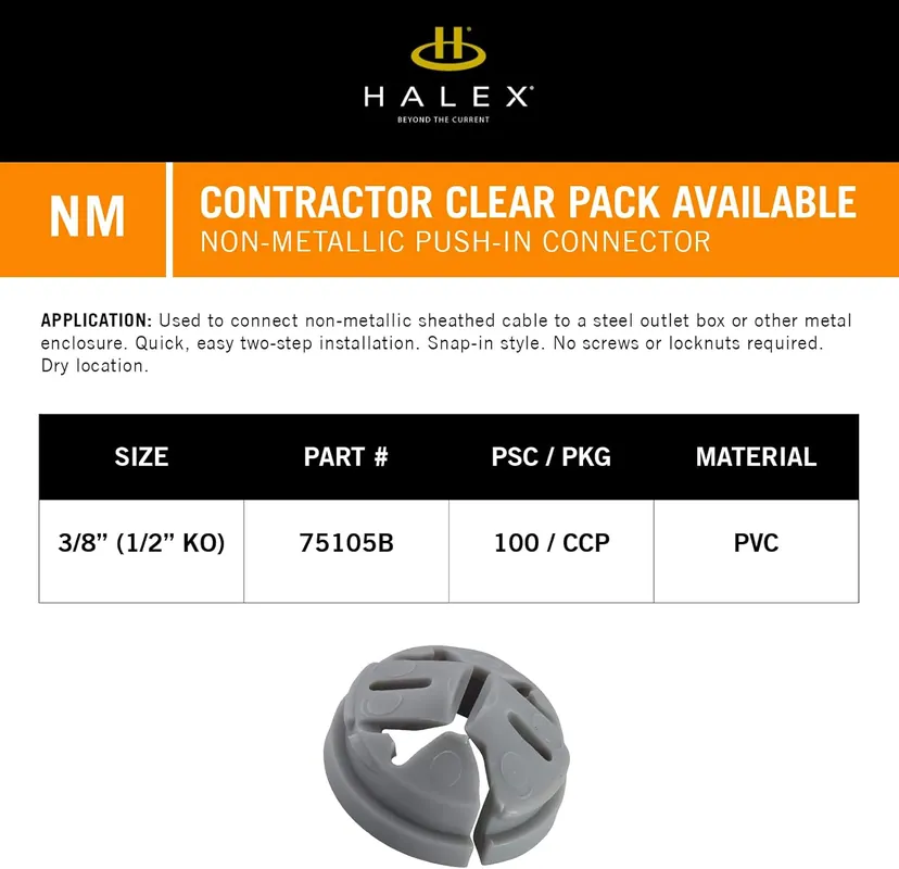Halex 75105B Knockout Non-Metallic Push In Connector 3/8 Inch to ½ Inch