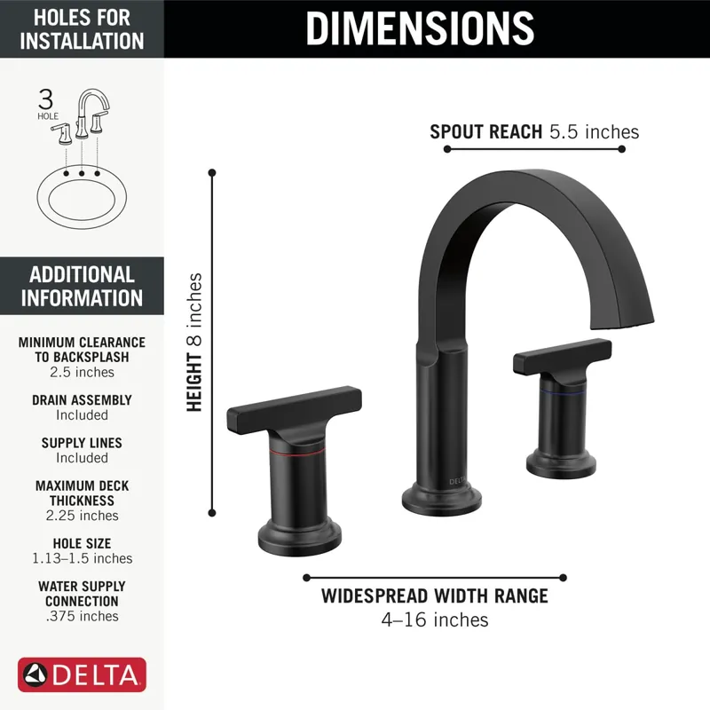 DELTA 355887-BL-DST Lavatory Faucet Tetra Widespread 4-16 Inch Spread 2 Lever ADA WaterSense 1.2 Gallons per Minute