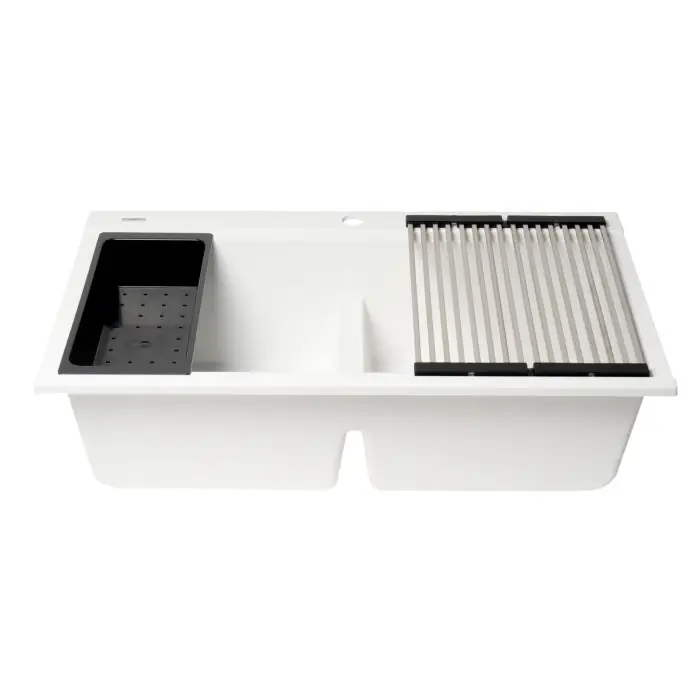 ALFI AB3418DBDI-BLA Black 33 Inches Granite Composite Workstation Step Rim Double Bowl Drop In Sink with Accessories