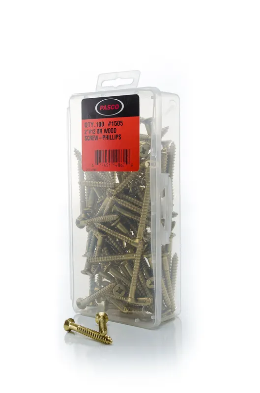 Pasco 1505 Wood Screw, #12, 2 in L, Phillips Drive, Brass