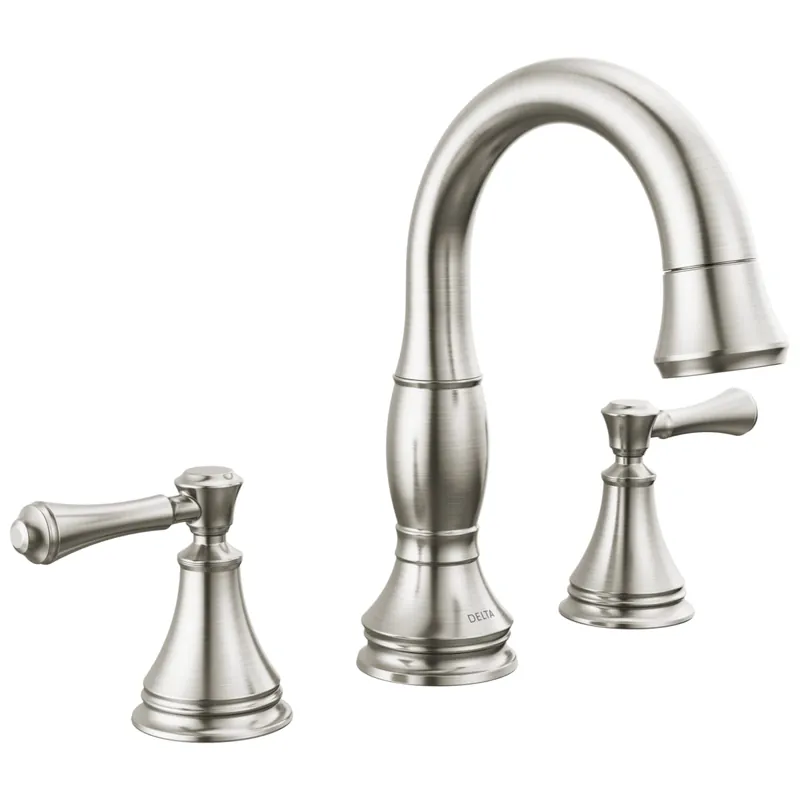 Delta 3597-SSPD-DST Lavatory Faucet Cassidy Widespread 4-16 Inch Spread 2 Lever ADA WaterSense