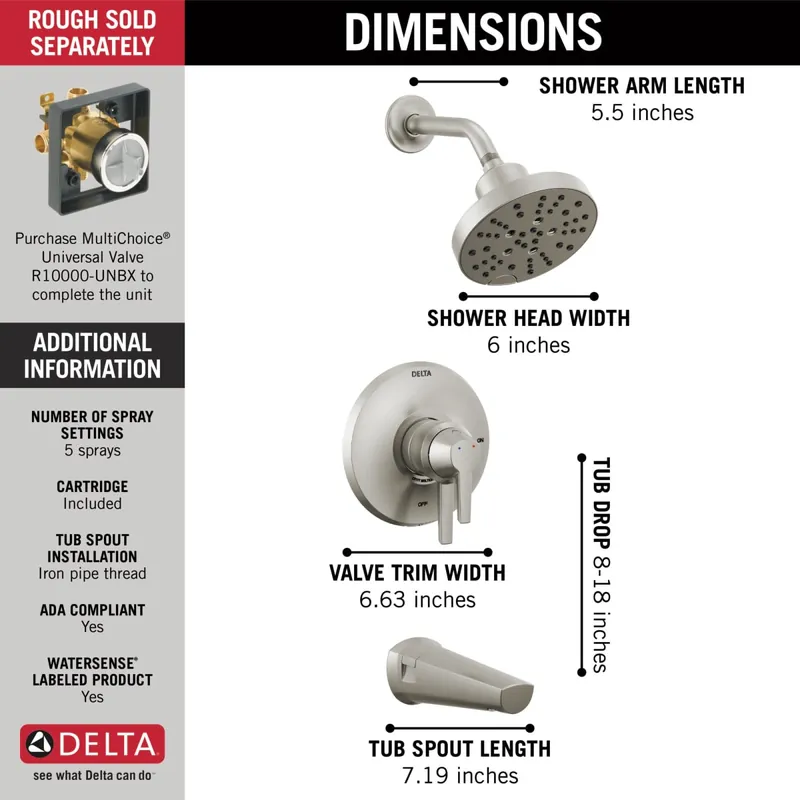 Delta T17472-SS-PR Galeon: 17S Tub Shower Trim with H2OKinetic