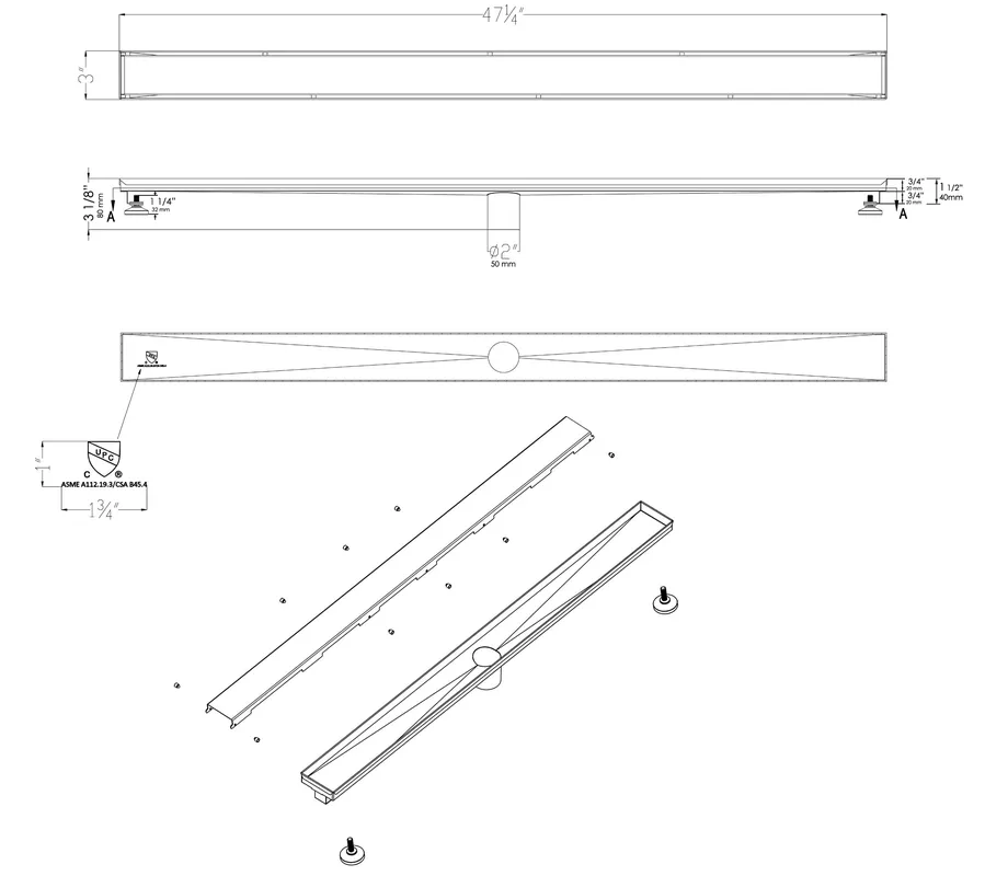 Alfi ABLD47B-BM 47 Inches Linear Shower Drain with Solid Cover