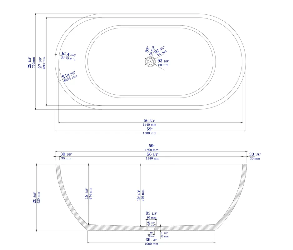 ALFI ABCO59TUB Oval Concrete Bathtub 59 inches
