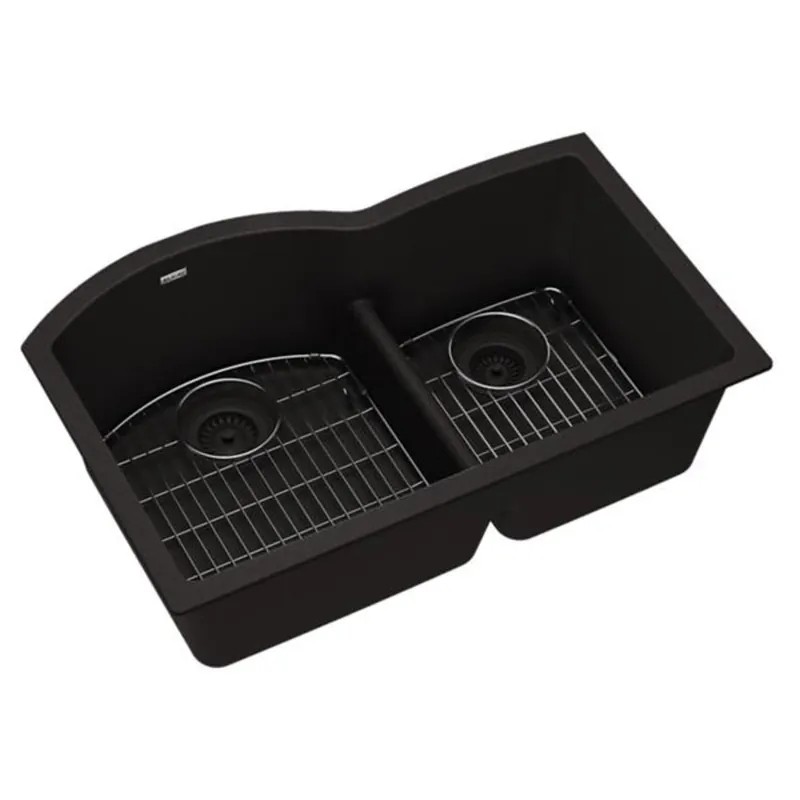 Elkay ELGHU3322RBK0C Quartz Classic 33 inches x 22 inches x 10 inches Offset 60/40 Double Bowl Undermount Sink Kit