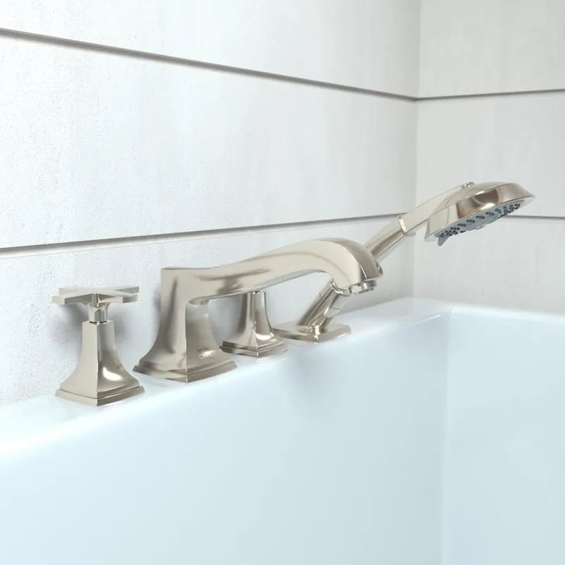 Hansgrohe 31449831 Metropol Classic 4-Hole Roman Tub Set Trim with Cross Handles and 1.8 GPM Handshower in Polished Nickel