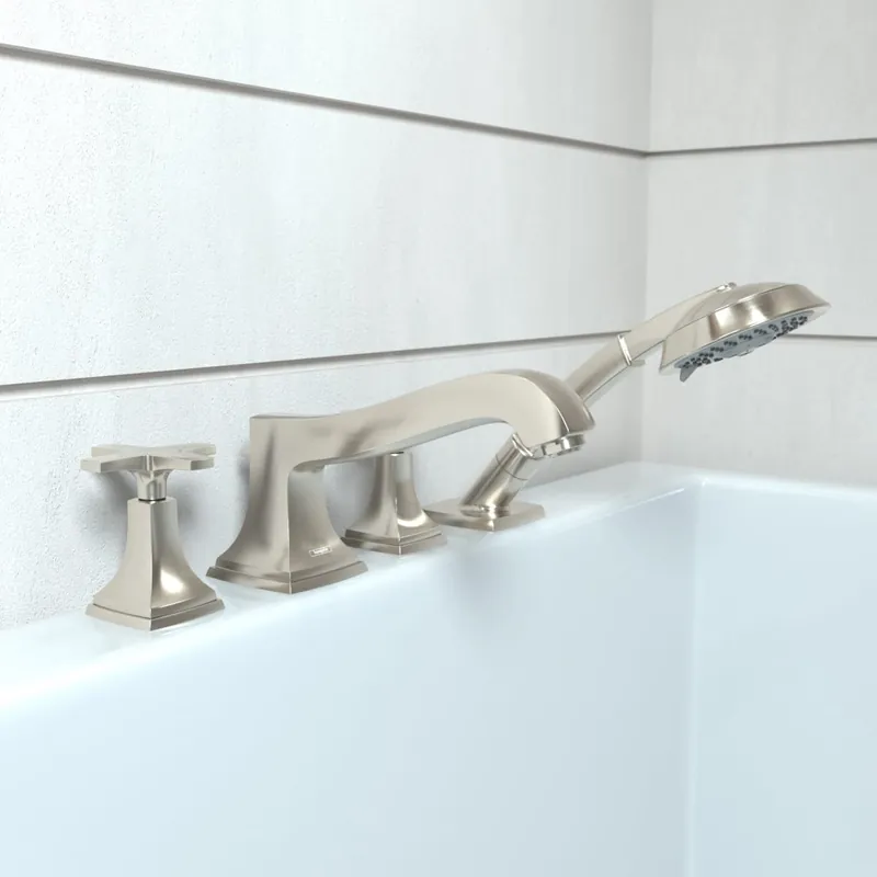 Hansgrohe 31449821 Metropol Classic 4-Hole Roman Tub Set Trim with Cross Handles and 1.8 GPM Handshower in Brushed Nickel