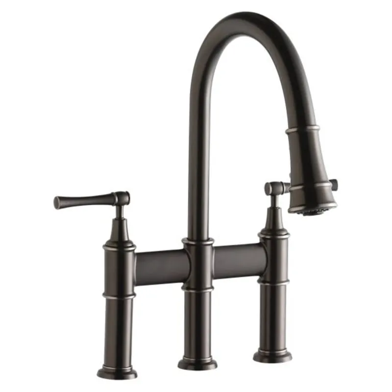 Elkay LKEC2037AS Explore Three Hole Bridge Faucet with Pull-down Spray and Lever Handles Antique Steel