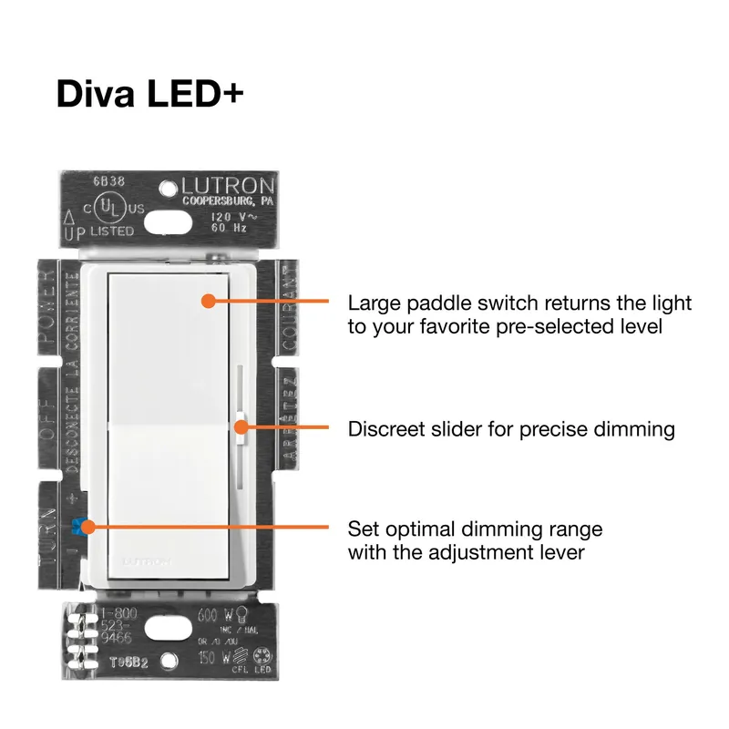 Lutron DVSCCL-153P-PB Diva LED+ Dimmer - Satin Finish, LED, Incandescent/Halogen, 3-way/single-pole, 150W LED or 600W inc/hal