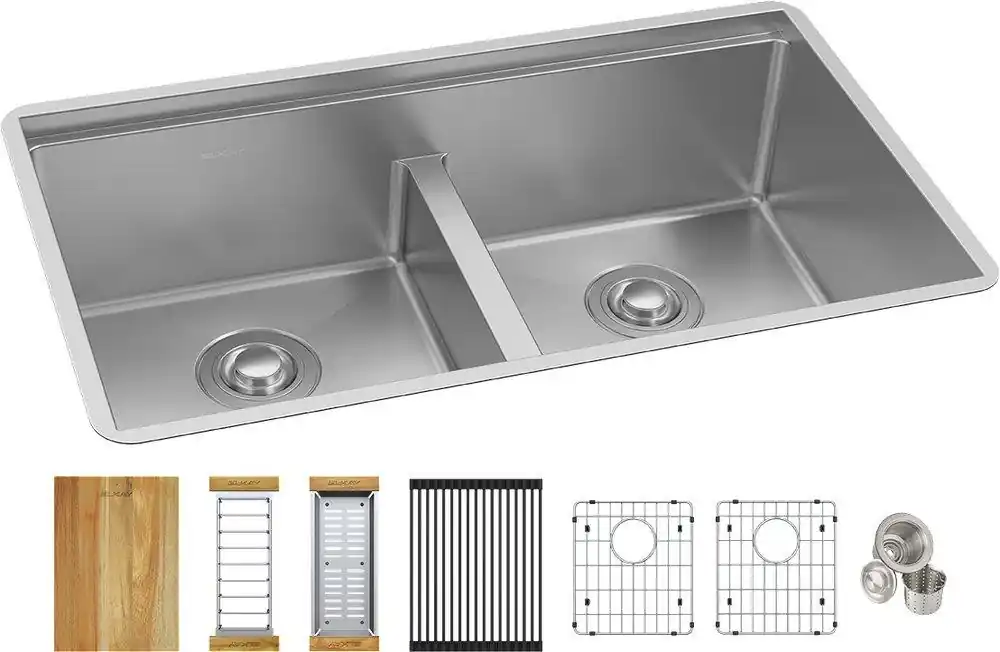 Elkay EFRUAQ31169TWC Crosstown 16 Gauge Workstation Stainless Steel 31-1/2 x 18-1/2 x 9 Equal Double Bowl Sink Kit with Aqua Divide