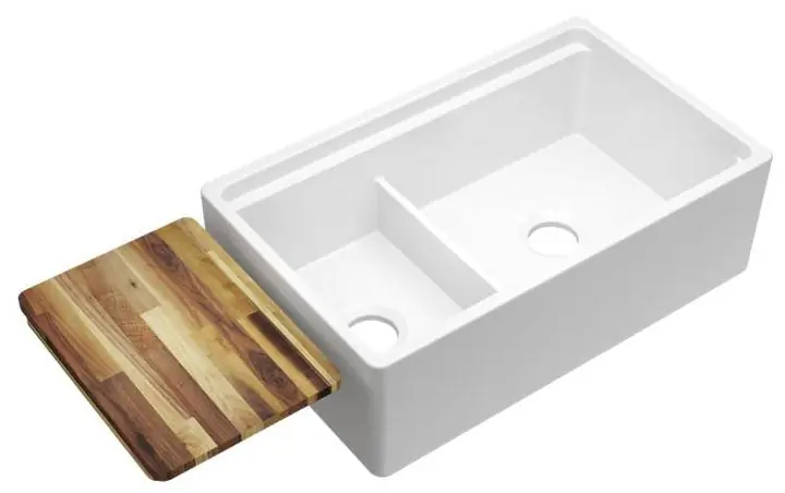 Elkay SWUF3320WH Fireclay 33 x 19-15/16 x 9-3/16 60/40 Double Bowl Farmhouse Workstation Sink with Aqua Divide
