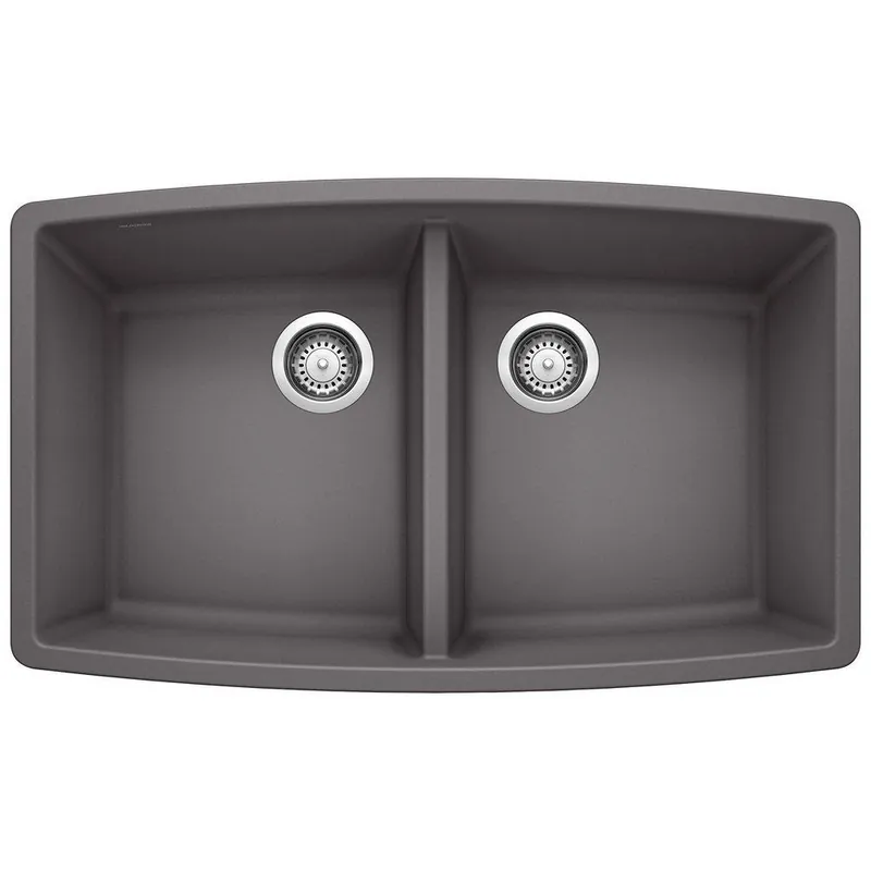 BLANCO 441473 Performa 33 x 20 in No Hole Composite Double Bowl Undermount Kitchen Sink in Cinder