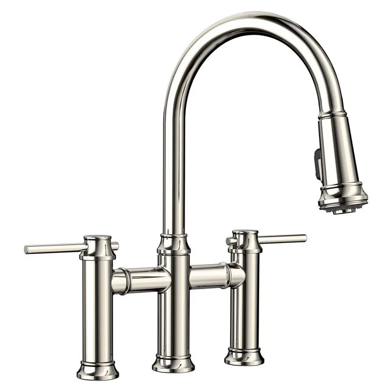 BLANCO 442506 Empressa Two Handle Bridge Pull Down Kitchen Faucet in Polished Nickel