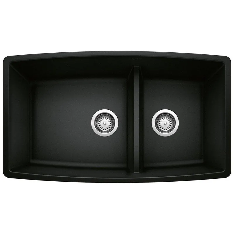 BLANCO 442939 Performa 33 x 19 in. No Hole Granite Composite Double Bowl Undermount Kitchen Sink in Coal Black