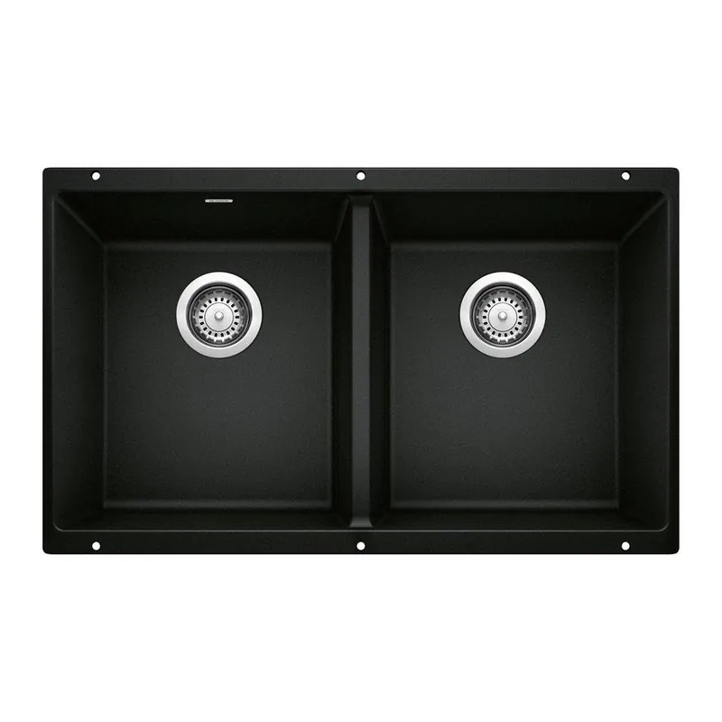 BLANCO 442927 Precis 29-3/4 x 18-1/8 in No Hole Granite Composite Double Bowl Undermount Kitchen Sink in Coal Black