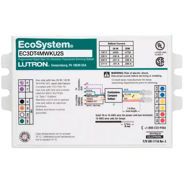 Lutron EC3DT4MWKU2S EcoSystem 5 Percent 3-Wire Compact T4 Compact 2 Lamps Ballast Factor of 0.95 K-can