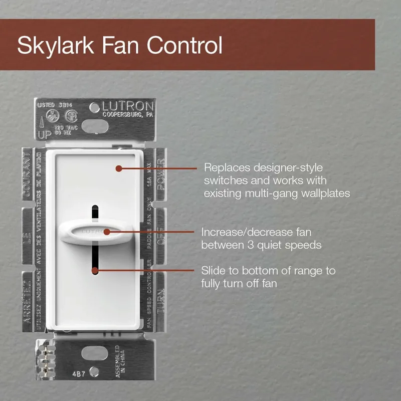 Lutron SFSQ-F-WH Skylark Fan-Speed Control 120V 1.5A Single-Pole 3-Speed