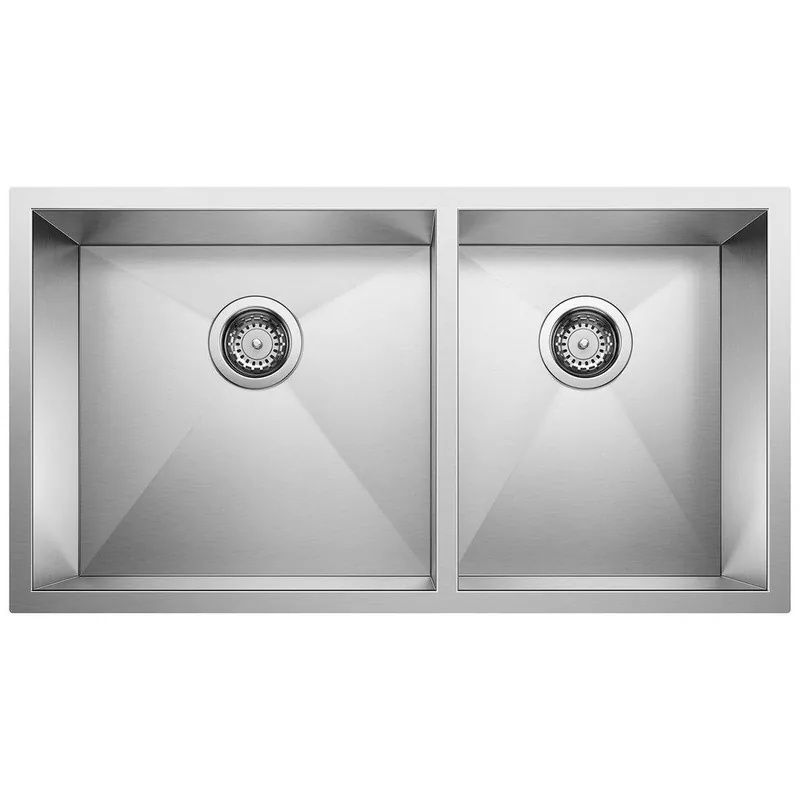 BLANCO 515821 Precision 33 x 18 in. No Hole Stainless Steel Double Bowl Undermount Kitchen Sink in Satin Polished