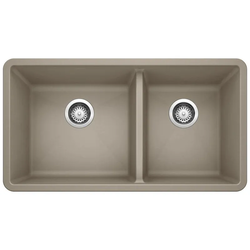 BLANCO 441296 Precis 33 x 18 in. No Hole Composite Double Bowl Undermount Kitchen Sink in Truffle