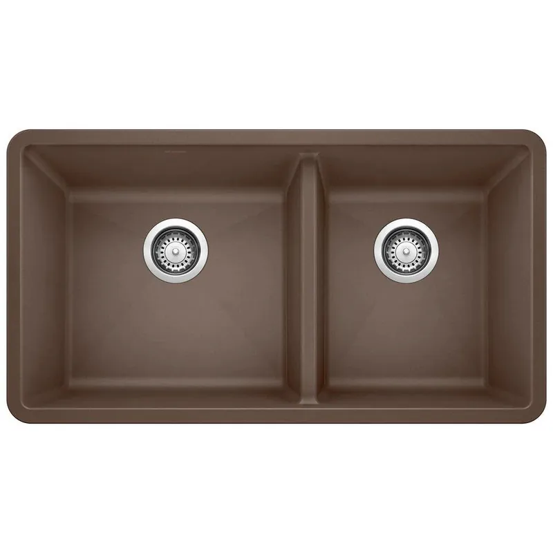 BLANCO 441129 Precis 33 x 18 in No Hole Composite Double Bowl Undermount Kitchen Sink in Cafe Brown