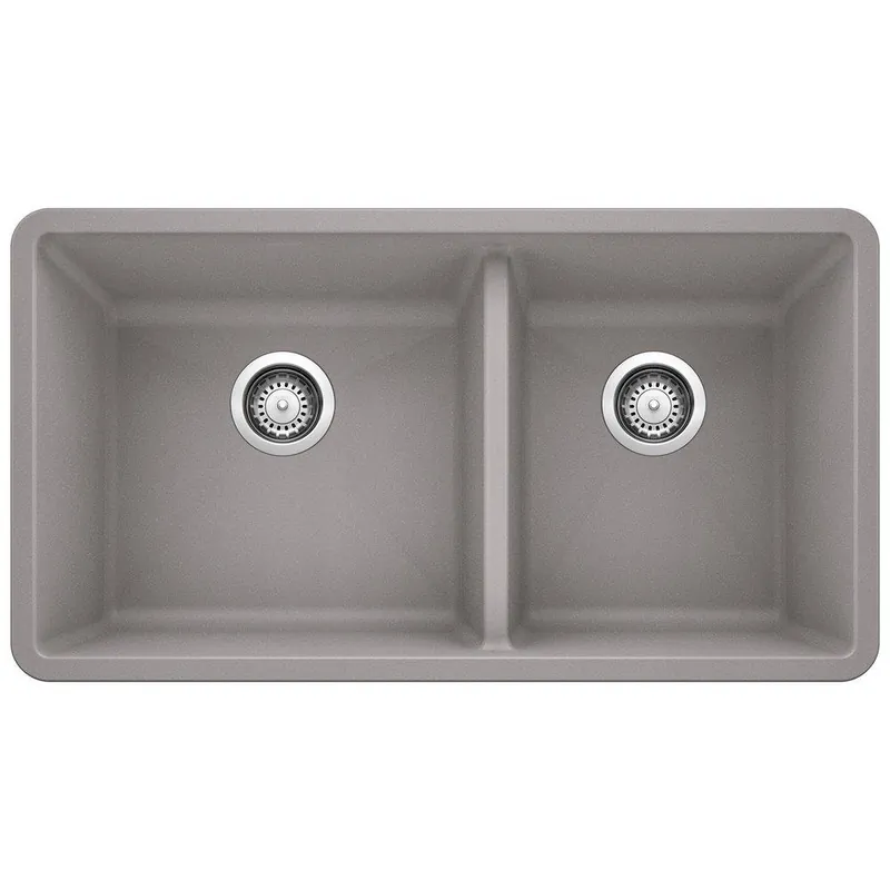 BLANCO 441130 Precis 33 x 18 in. No Hole Composite Double Bowl Undermount Kitchen Sink in Metallic Gray