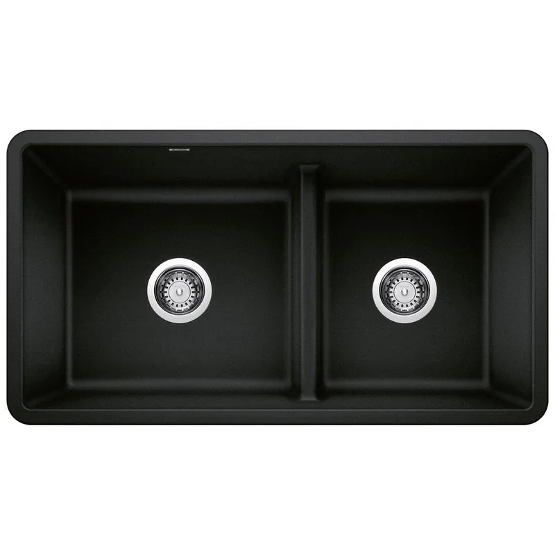 BLANCO 442925 Precis 33 x 18 in No Hole Granite Composite Double Bowl Undermount Kitchen Sink in Coal Black