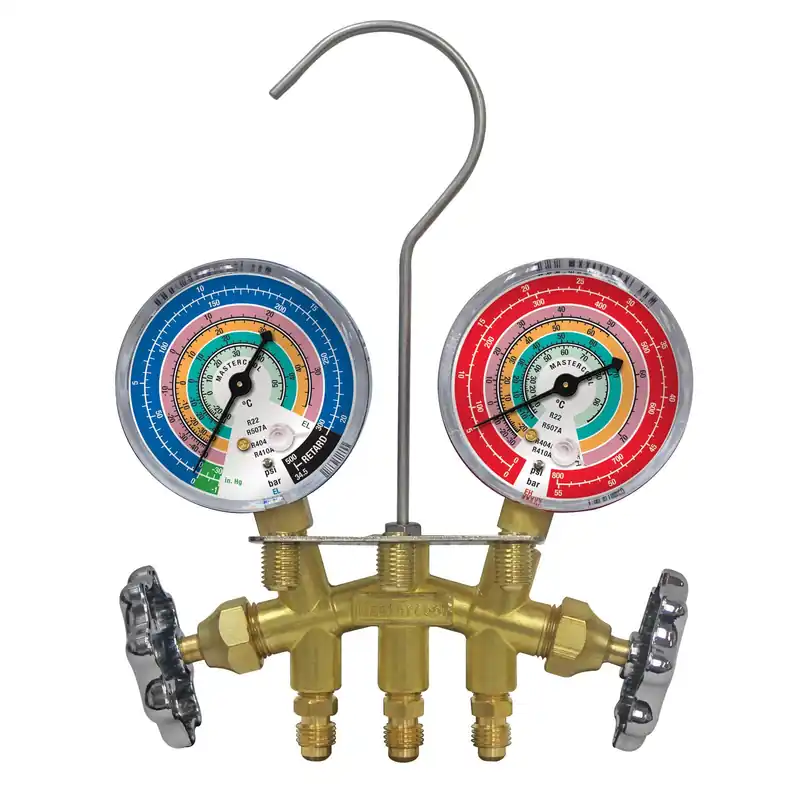 Mastercool 33661 2-Way Brass Manifold – Piston Valves – 80 mm Gauges