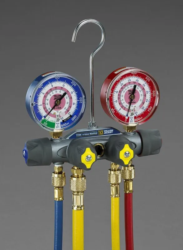 Yellow Jacket 49960 Titan 4-Valve Test & Charge Manifold with 3-1/8 in. °F/°C Gauges and 60 in. PLUS II Compact Ball Valve Hose Set - R32/R410A