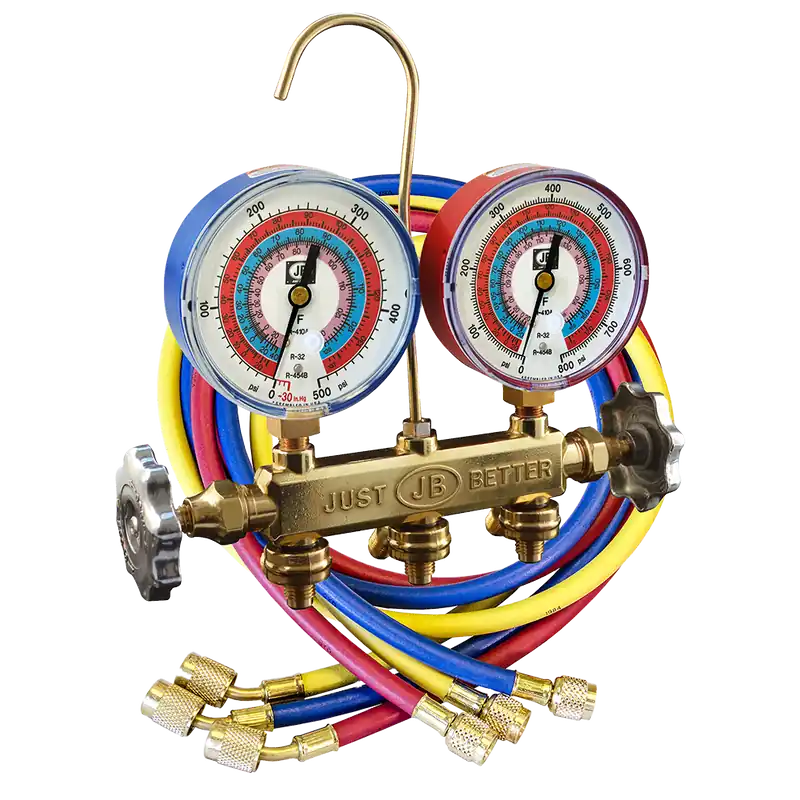 JB Industries 22646 Patriot 2V Brass Manifold R32 R455B R410A Gauges with 60 Kobra CCLS Low Lose Hose Set