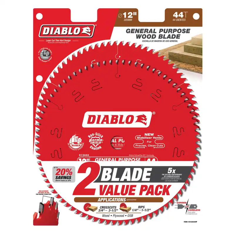 Diablo D124444VP 12 in. x 44-Tooth General Purpose Circular Saw Blade Value Pack (2-Pack)