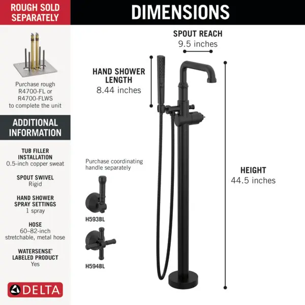 Delta T4784-BLLHP-FL Broderick Floor Mount Tub Filler Trim- Less Handle 1.75 GPM