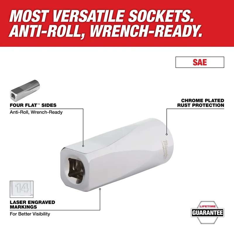 Milwaukee 45-34-9063 Deep Socket 7/16 inches 6-Point 3/8 inches Drive Four Flat Sides