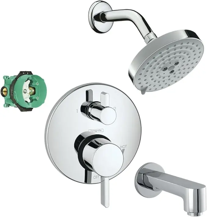 Hansgrohe KST04231-27495-13PC Raindance S 150 Air 3-Jet Showerhead Kit with Tub Spout Thermostatic Trim with Diverter and Rough