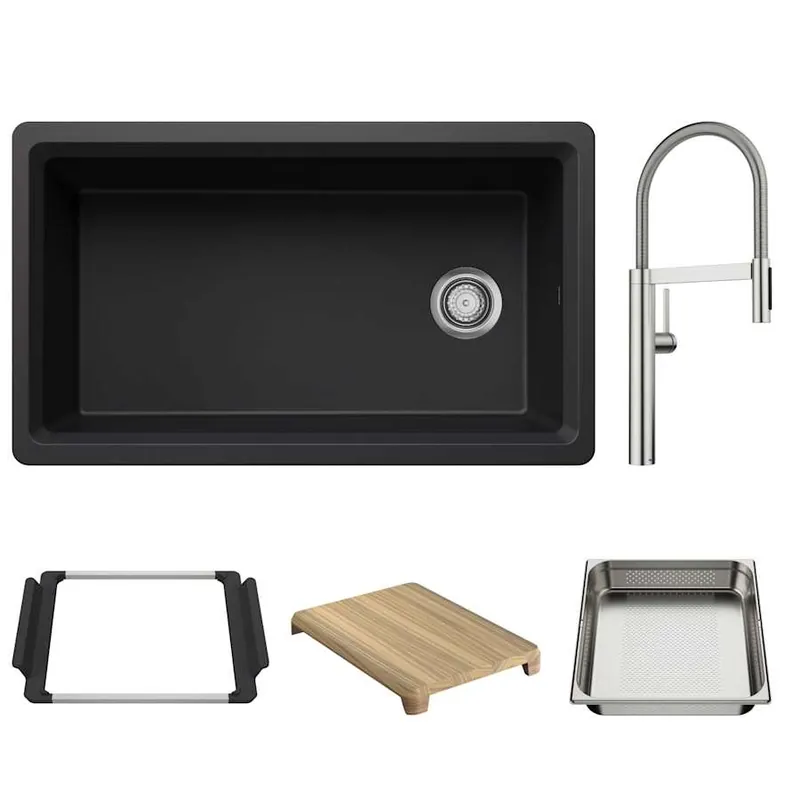 Blanco 443311-527472 Inteos 33 inches Undermount Single Basin Granite Composite Kitchen Sink with Colander and Cutting Board + Culina II 1.5 GPM Single Hole Pre-Rinse Pull Down Kitchen Faucet