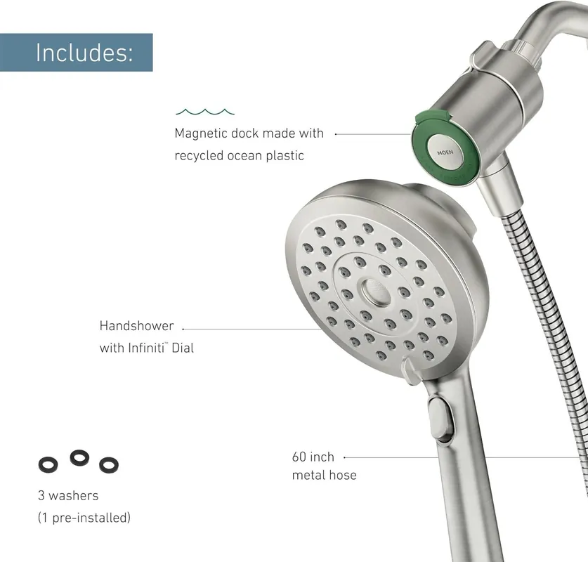 Moen 220C2SRN Verso Spot Resist Brushed Nickel Handshower with Infiniti Dial, Magnetix Docking System and, 60 inches Hose