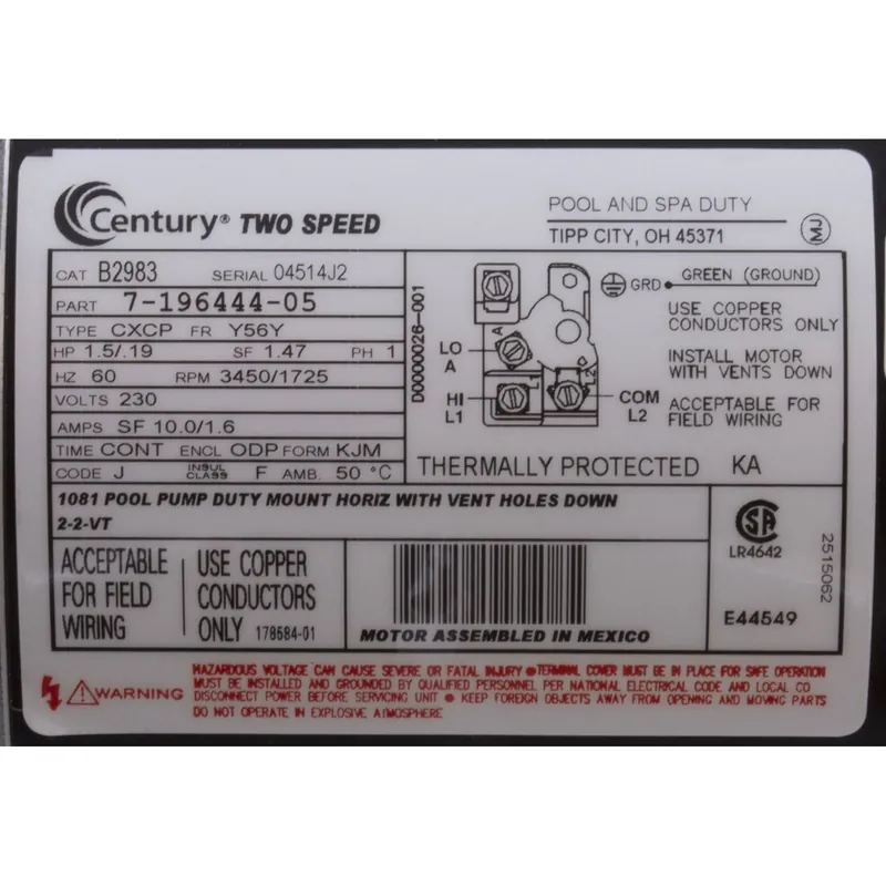 Regal Beloit B2983 Epc Energy Efficient Pump Motor 1.5/.19 HP