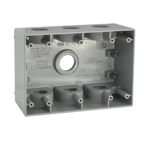 Hubbell Electric 5390-0 Weatherproof Outlet Box With Lug, Die Cast Aluminum, 55 cu-in, 3 Gangs, 7 Outlets