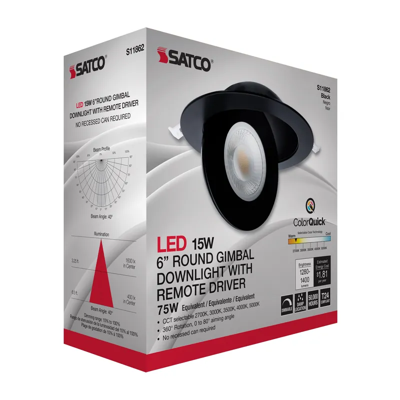 Satco S11862 15 Watt CCT Selectable LED Direct Wire Downlight Gimbaled 6-Inch Round Remote Driver