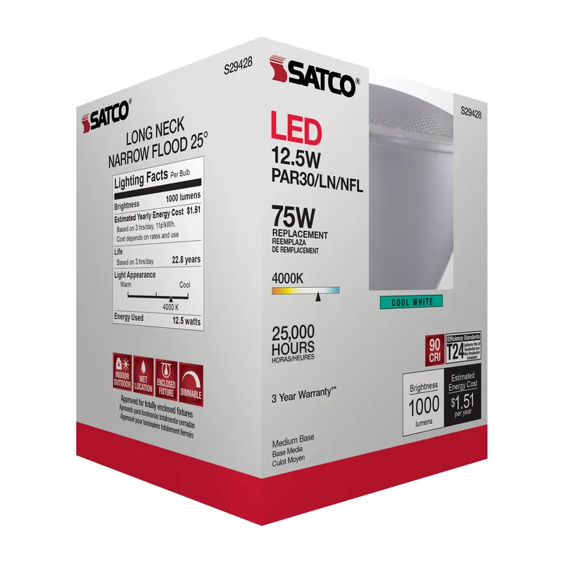 Satco S29428 12.5 Watt PAR30LN LED Lamp 4000K 25 Degree Beam Angle