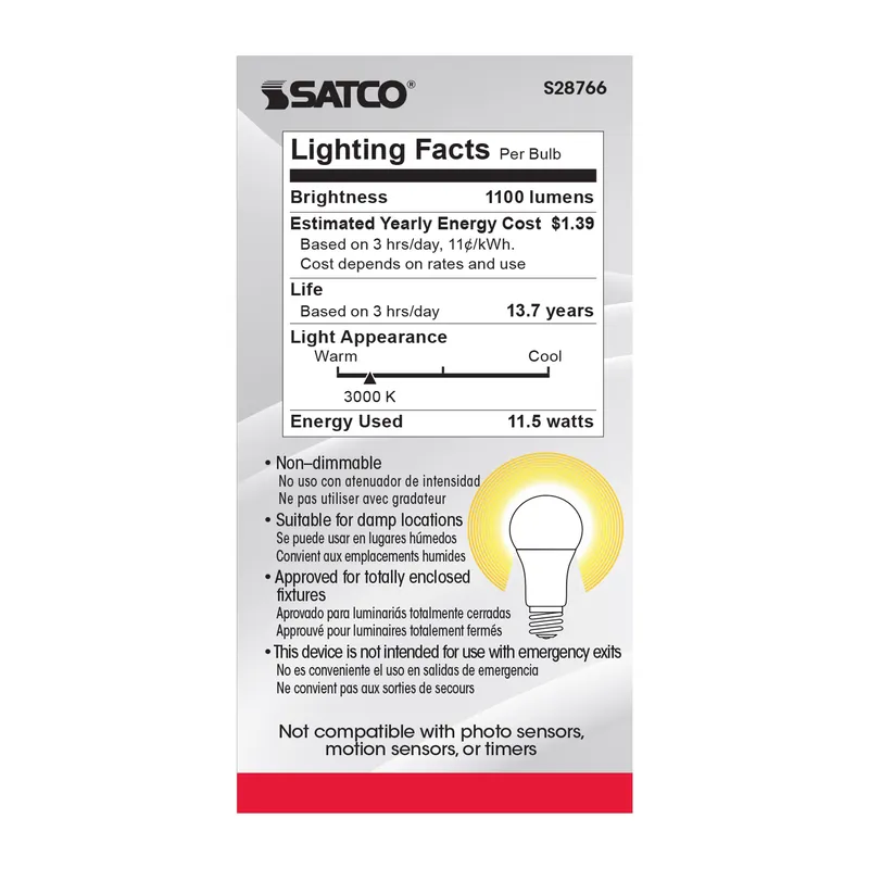 Satco S28766 A19 LED 11.5 Watt 3000K Medium Base 220 deg. Beam Angle 120 Volt