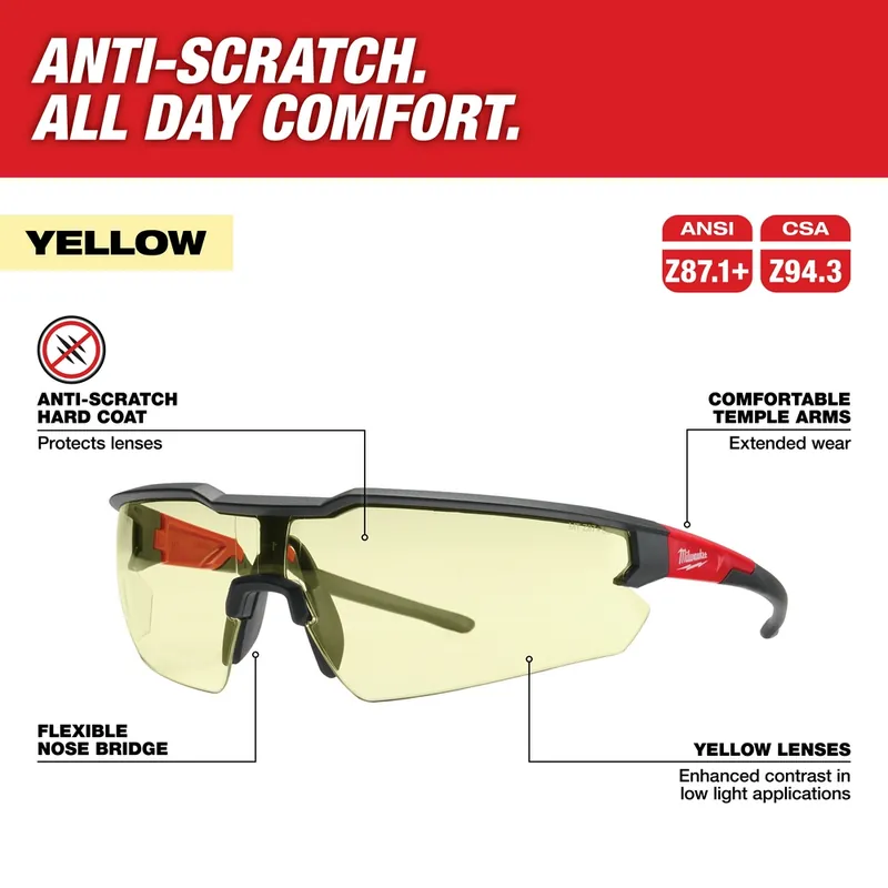 Milwaukee 48-73-2101 Yellow Tinted Lens Safety Glasses, Anti-Scratch, No Magnification (Polybag)