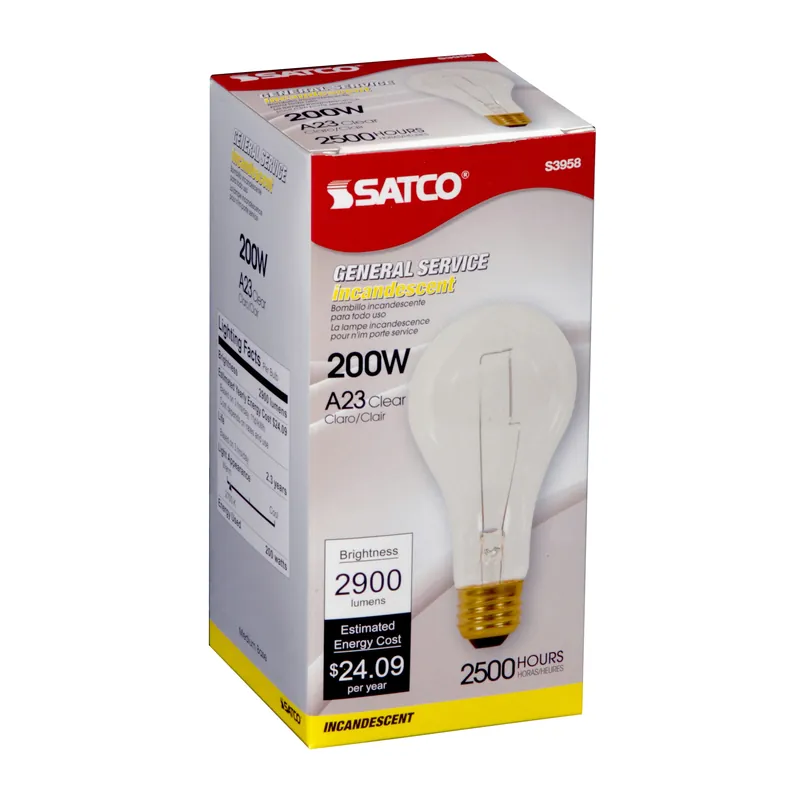 Satco S3958 200 Watt A23 Incandescent Clear 120 Volt