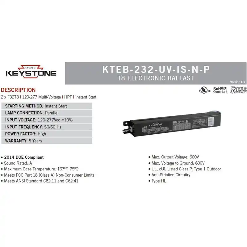 Keystone KTEB-232-UV-IS-N-P KTEB-232-UV-IS-N-P-DP 60W Max, 2 Lamp T8 Ballast