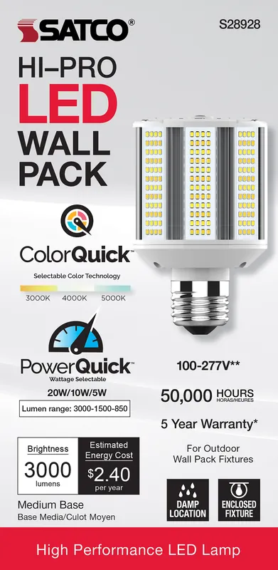 Satco S28928 5/10/20 Wattage Selectable LED Hi-Pro Wall Pack CCT Selectable 3K/4K/5K
