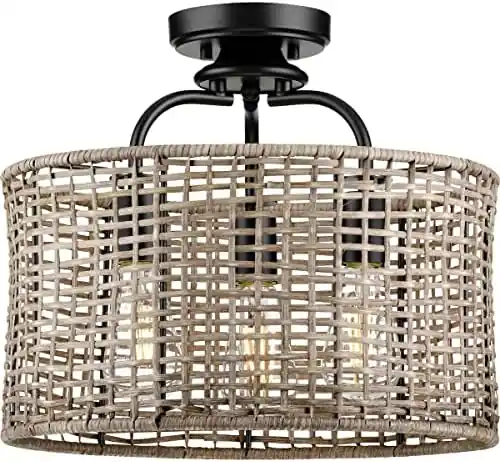 Progress Lighting P350183-031 Lavelle Collection 3-Light Natural Rattan Textured Black Global Semi-Flush Mount Convertible Ceiling Light 14.38x15.63x15.63
