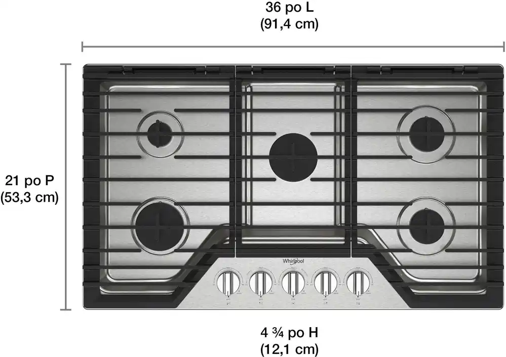 Whirlpool WCGK5036PS 36-inch Gas Cooktop with 5 Burners and EZ-2-Lift™ Hinged Cast-Iron Grates