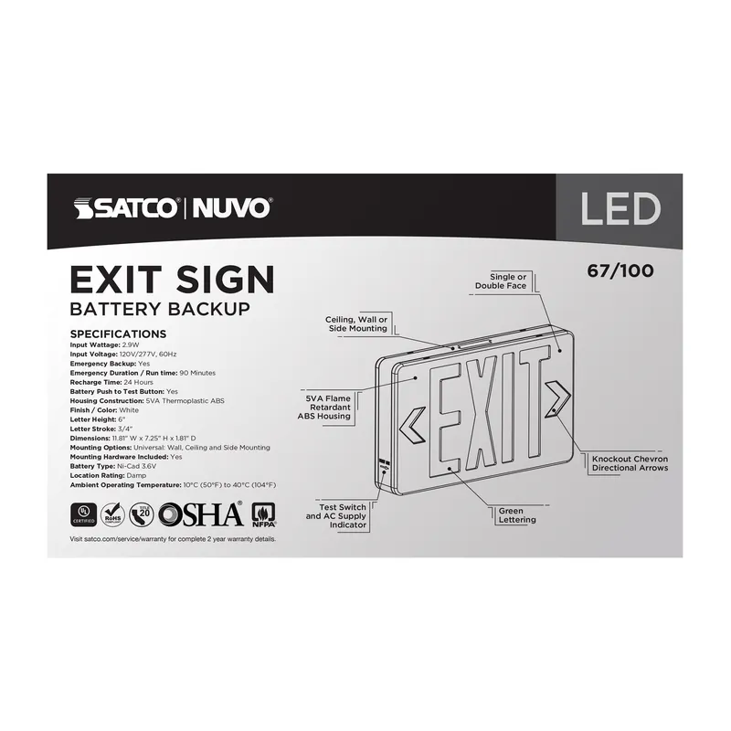 Satco 67-100 Exit Sign Green LED 2.9W